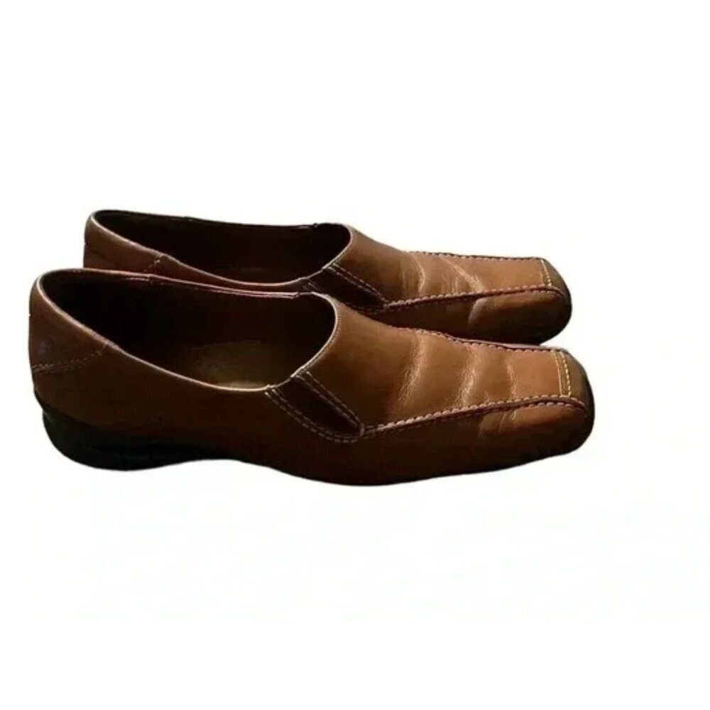 Womens Trotter Brown Leather Slip-On Loafers With Square Toe & Stitching Sz 9N - Picture 2 of 10